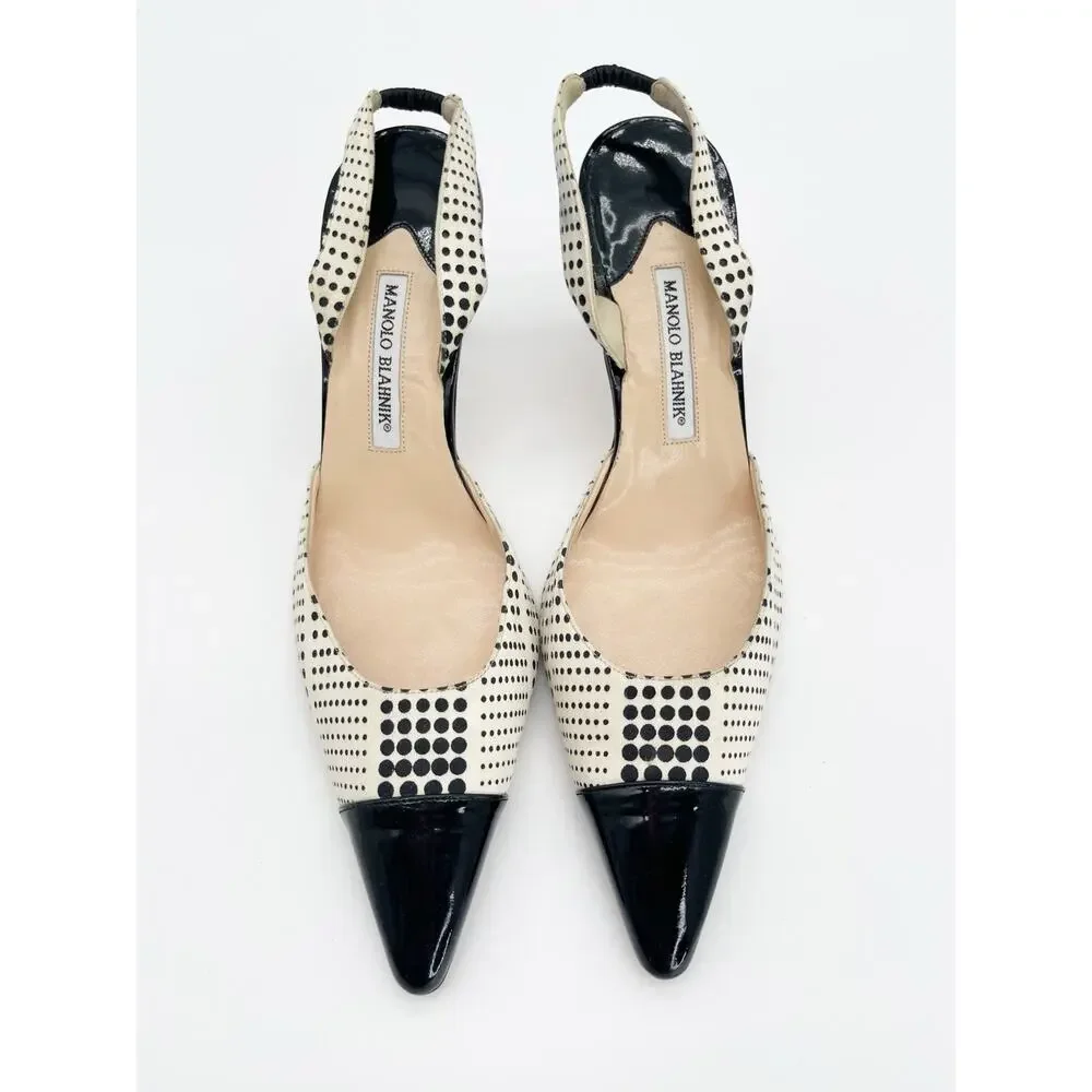 Manolo Blahnik Vintage Black White Polka Dot Cap Toe Slingback Heels IT 42